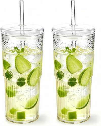 Vista 10 de Vasos de vidrio de 32 onzas con asa y tapas de bambú y pajitas, paquete de 2 vasos de vidrio de borosilicato para café helado, batidos, bebidas