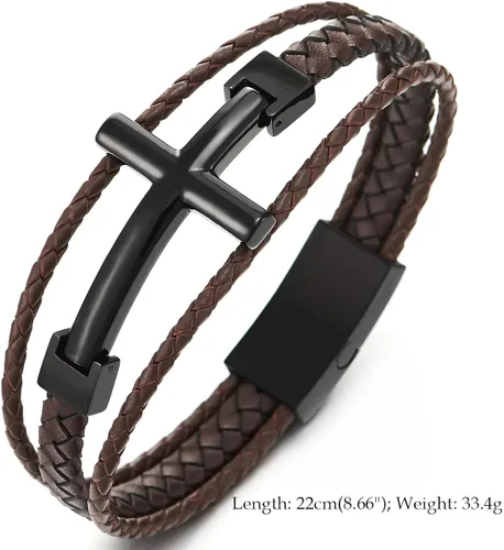 Vista 5 de COOLSTEELANDBEYOND Men Stainless Steel Horizontal Sideway Lateral Cross Three-Row Braided Leather Bangle Bracelet