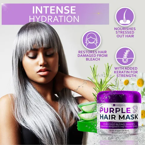 Vista 4 de Mascarilla capilar morada – Acondicionador profundo y tóner para cabello rubio y cobrizo – Reparación hidratante y tratamiento después de la lejía