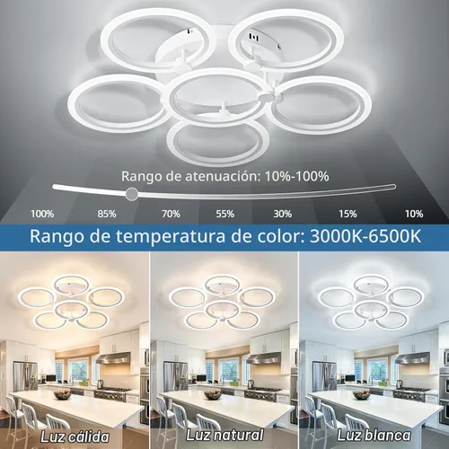Vista 2 de Lámpara de techo LED, lámpara de techo moderna de 6 anillos, 77 W regulable 3000K a 6500K, luz de techo blanca con control remoto para sala