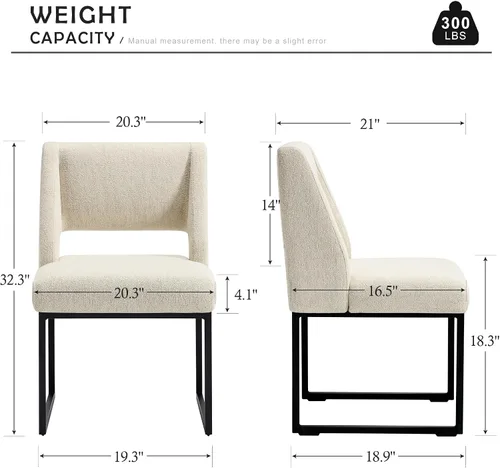 Vista 2 de Juego de 2 sillas de comedor tapizadas, modernas sillas de comedor con cojín grueso y ancho, respaldo abierto y patas de metal para cocina, sala