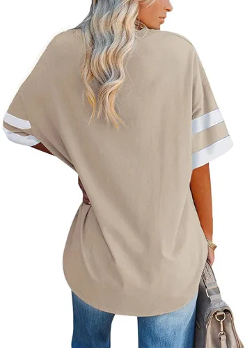 Vista 2 de Ebifin Camisetas de gran tamaño a rayas para mujer, cuello en V, media manga, cómodas, de algodón, con bolsillos
