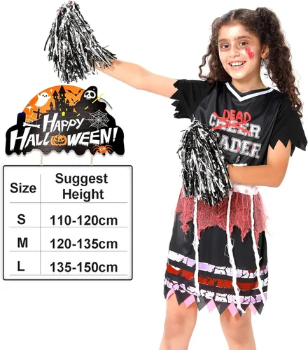 Vista 3 de Lrrtwer Disfraz de animadora de Halloween de zombi para niña, disfraz de líder muerto sangriento, disfraz de Halloween, fiesta, baile de graduación