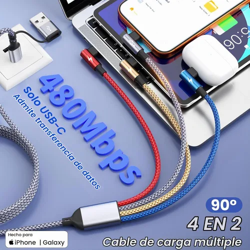 Vista 7 de Cable de ángulo recto USB A/C a USB C, cable de carga trenzado tipo C de 90 Azul_Oro_Gris_Rojo