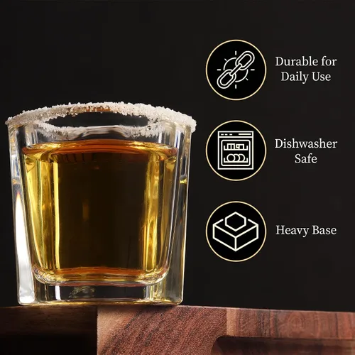 Vista 5 de QUAFFER Vasos de chupito cuadrados de base pesada de 2 onzas (juego de 4) – Vaso de chupito moderno – Vodka clásico de whisky vodka tequila Jerez