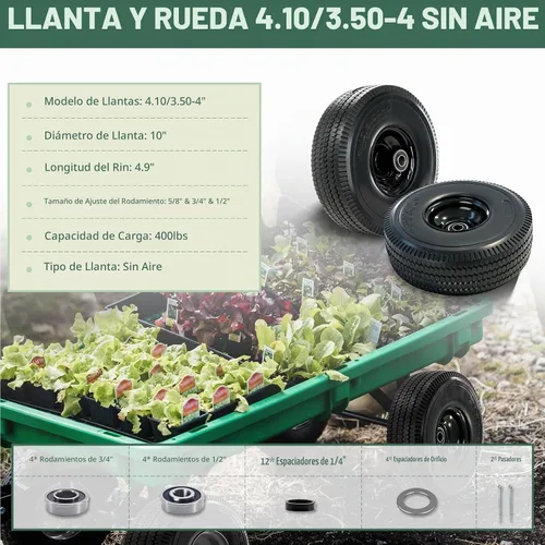 Vista 3 de Neumático y rueda 4.10/3.50-4, neumáticos sólidos de 10" con rodamiento de 5/8", rodamientos adicionales de 3/4" y 1/2", cubo con desplazamiento