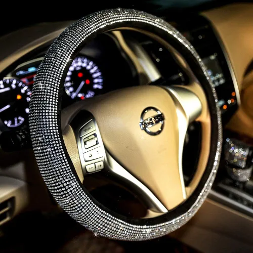 Vista 14 de Funda para volante de coche con brillantes Carwales para mujeres y niñas, accesorios de coche negros con cristal de diamante de 15 pulgadas