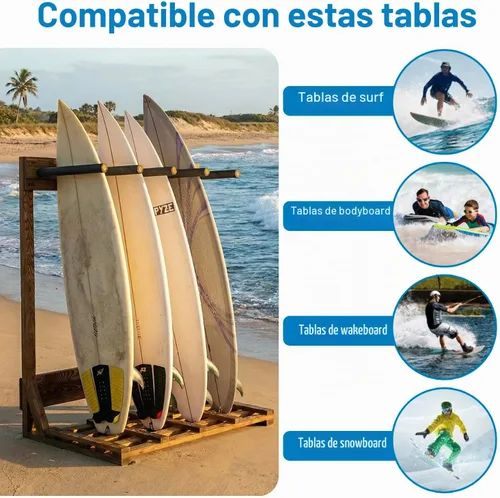 Vista 2 de MyGift Estante vertical independiente para tablas de surf de 4 pies de alto, estilo casa de playa, soporte de almacenamiento para tabla de remo SUP