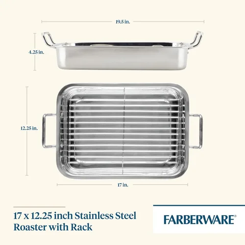 Vista 2 de Farberware Classic Traditions - Asador/sartén para asar de acero inoxidable con estante, 17" x 12.25