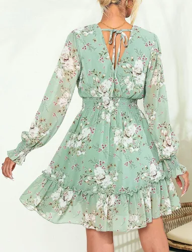 Vista 3 de Prettywear Vestido corto de gasa floral de manga larga para mujer, con vuelo, acampanado, cuello cruzado, lazo en la espalda