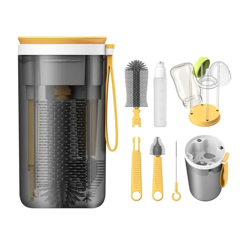 Vista 7 de YOTIME Kit limpiador de botellas de viaje 6 en 1 con estante de secado de Azul