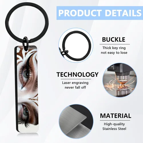 Vista 4 de Llavero grabado con texto y foto de ojo personalizado,Ojos personalizados personalizados llaveros de doble cara de acero inoxidable