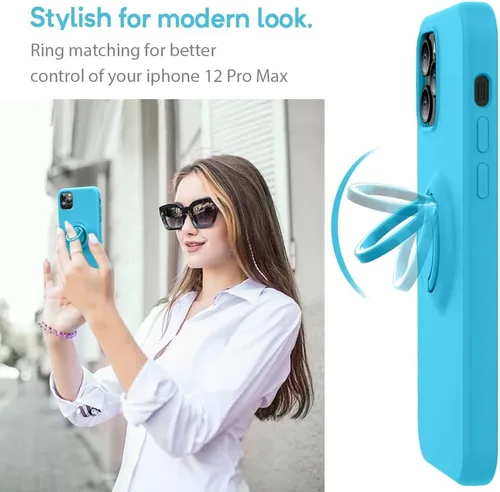 Vista 2 de MOCCA Funda compatible con iPhone 12 Pro Max de 6.7 pulgadas con soporte de anillo Forro de microfibra súper suave Funda protectora antiarañazos