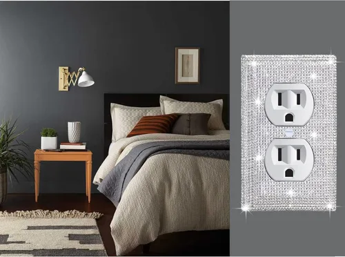 Vista 5 de 4 Piezas Cubiertas de Tomacorriente con Diamantes de Imitación Plateados Brillantes Placa de Pared 1 Gang Toggle Cubierta de Interruptor de Luz