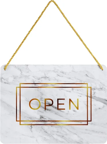 Vista 6 de Stockroom Plus Letrero abierto y cerrado – Acabado de mármol dorado – Letrero colgante reversible – Exhibición de horario comercial – Paquete de 2