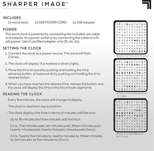 Vista 7 de Sharper Image Reloj Digital de Palabras LED, 7.75", Acabado Negro, Reloj de Escritorio y Pared Iluminado, Pantalla de Tiempo Moderna, Estante
