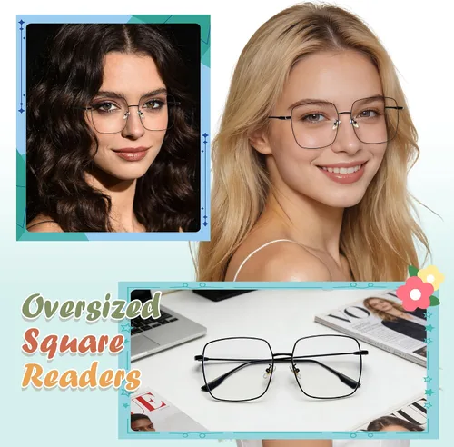 Vista 4 de Oversized Square Reader Glasses for Women/Men, Blue Light Blocking Glasses, Large Metal Frame Readers with UV400 Protection