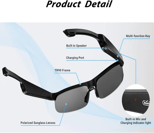 Vista 4 de Lentes inteligentes, lentes de sol polarizados Bluetooth con micrófono y altavoces integrados, oreja abierta, asistente de voz, protección UV