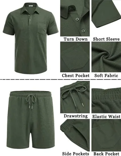 Vista 5 de COOFANDY Conjunto de camisa polo y pantalones cortos de punto gofre para hombre, conjunto de 2 piezas, traje de verano casual con bolsillos