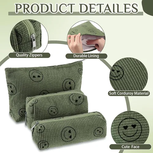 Vista 3 de Huhumy Juego de 3 bolsas de maquillaje para mujeres, bolsa cosmética de pana con sonrisa estética, bolsa de viaje para artículos de tocador, linda
