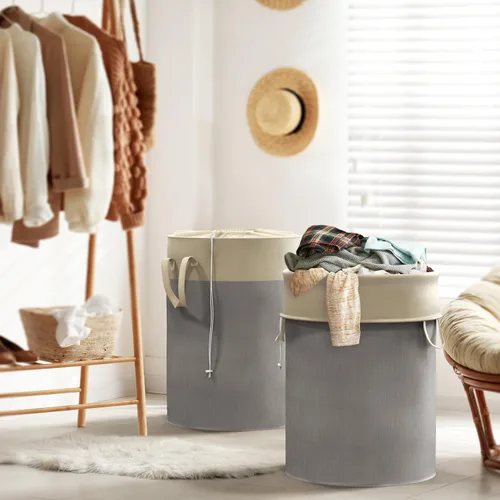 Vista 6 de Simple Houseware Cesta de lavandería plegable de 74L, cesta redonda de algodón con cierre de cordón y asas, paquete de 2, color gris