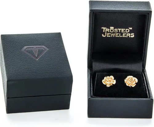 Vista 4 de Aretes de oro amarillo macizo de 14 quilates con diseño de flor de rosa, estilo hecho a mano, 38 pulgadas con poste y parte trasera de fricción