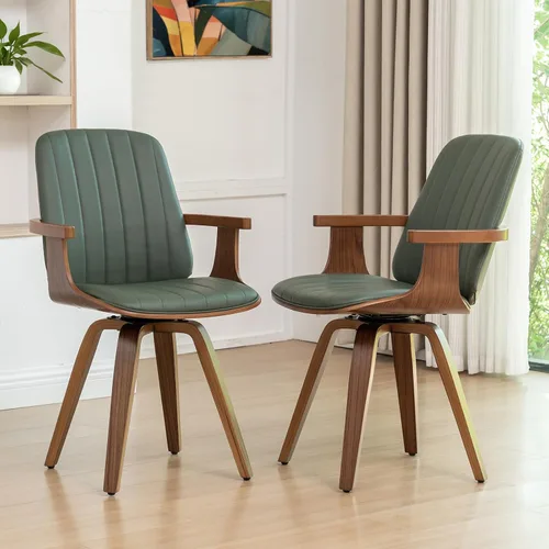 Vista 19 de WUPOTO Juego de 1 silla de comedor giratoria, silla de comedor moderna de mediados de siglo con artesanía de nogal, piel sintética tapizada, brazos