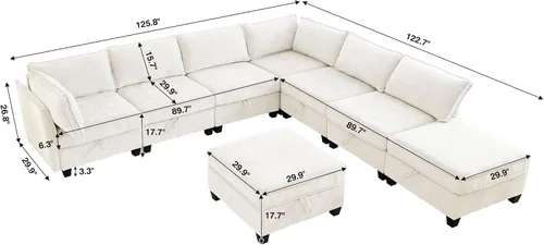 Vista 2 de ORRD Juego de sofá modular esquinero de gran tamaño, sofá convertible en forma de L con almacenamiento, sofá modular de 8 plazas con otomanas y Beige