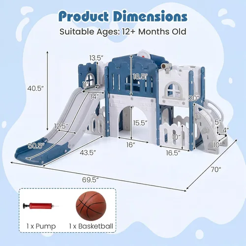 Vista 7 de Costzon Juego de tobogán infantil 8 en 1, tobogán independiente para niños con túnel, aro de baloncesto, juego de tobogán escalador para niños de 1