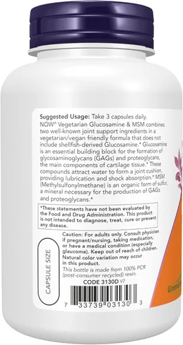 Vista 3 de NOW Foods Suplementos, Glucosamina y MSM (GreenGrown® Glucosamina), Vegetarianos, 120 Cápsulas Vegetarianas