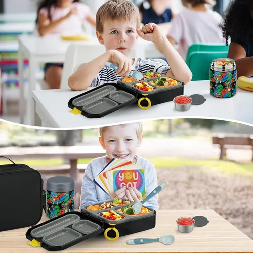 Vista 7 de wiwens - Lonchera Bento para niños con termo de sopa de 12 onzas, contenedor de comida para almuerzo a prueba de fugas con 5 compartimentos, termo