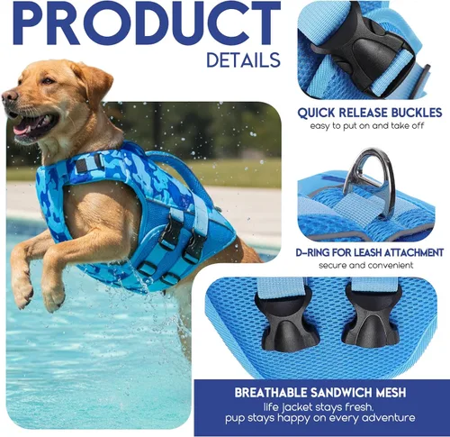 Vista 2 de ASENKU Chaleco salvavidas para perros, chaleco de natación para perros de alta flotación con asas de rescate para perros pequeños, medianos
