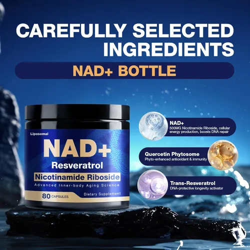 Vista 2 de Suplemento NAD - NAD nicotinamida ribósido resveratrol 900 mg, suplementos NAD para mujeres y hombres, NAD+ liposomal para antienvejecimiento