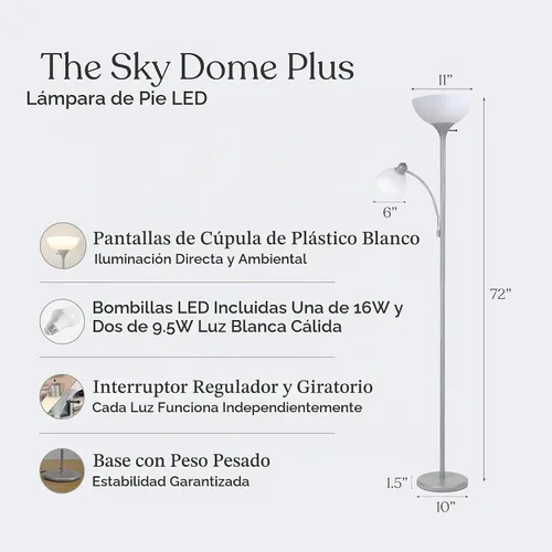 Vista 3 de [Renovado] Brightech Torchiere Lámpara de pie LED Sky Dome Plus, lámpara de pie súper brillante con lámpara de lectura para salas de estar