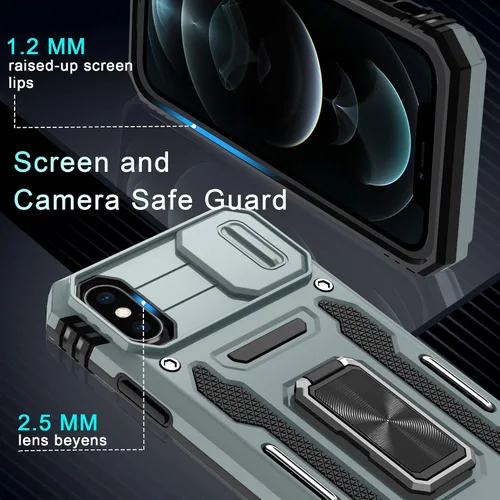 Vista 324 de DEERLAMN Funda para iPhone Xs Max con funda deslizante para cámara + protector de pantalla, soporte giratorio de anillo de grado militar a prueba