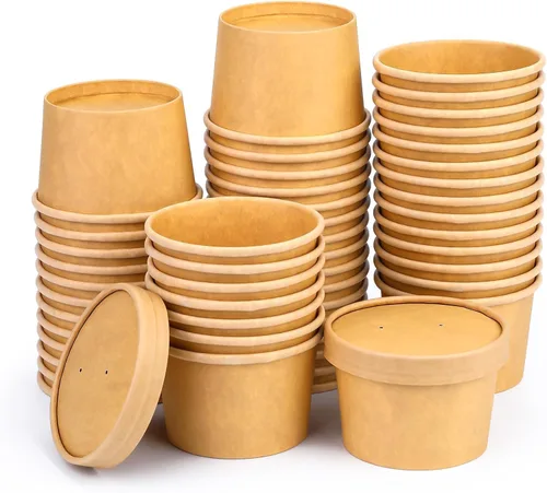Vista 8 de Paquete de 25 recipientes de sopa de 8 onzas con tapas, taza de sopa de papel desechable, recipientes de papel para alimentos con tapas, recipiente