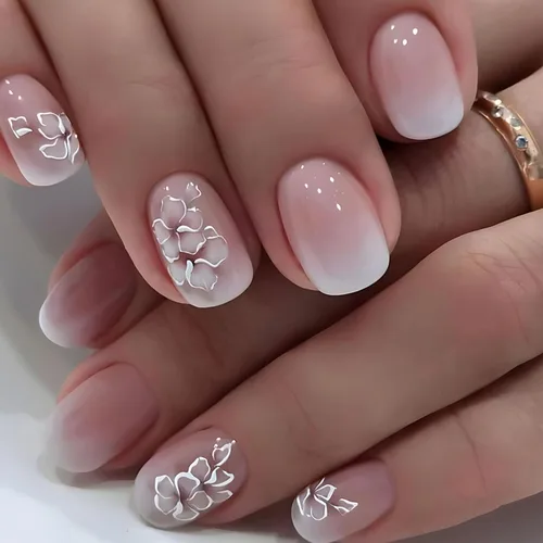 Vista 10 de Uñas postizas a presión de mariposa - Uñas falsas cortas cuadradas con diseños en relieve 3D, punta francesa blanca, acabado mate, acrílico rosa