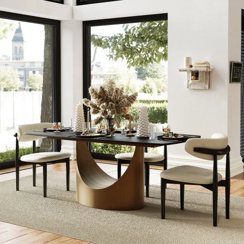 Vista 3 de POVISON Juego de mesa de comedor para 4, mesa rectangular negra de piedra sinterizada mate de 63 pulgadas con base de acero al carbono bronce, silla