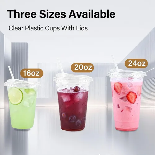 Vista 6 de Paquete de 100 vasos de plástico transparente de 20 onzas con tapas y pajitas, tazas de café helado resistentes y seguras para alimentos con tapas