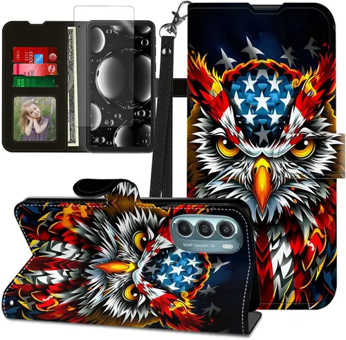 Vista 13 de Funda para Motorola Edge 2022 con protector de pantalla, soporte y tarjetero y correa para la muñeca, funda magnética para Moto Edge 2022 5G UW Lobo