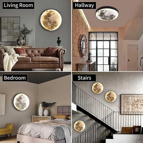 Vista 7 de Aplique de pared de luna negro, moderno LED regulable con control remoto, lámpara de pared para interiores, iluminación de techo para sala de estar