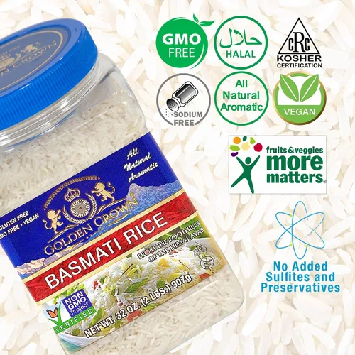 Vista 3 de Golden Crown Basmati Rice - Tarro de 32 onzas (2 libras) Arroz blanco de grano largo Sabor increíble, comidas saludables y olor aromático