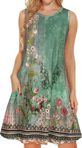 Vista 50 de elescat Vestidos de verano para mujer 2025, vestido casual de playa sin mangas con estampado floral, tipo camiseta, suelto y con bolsillos