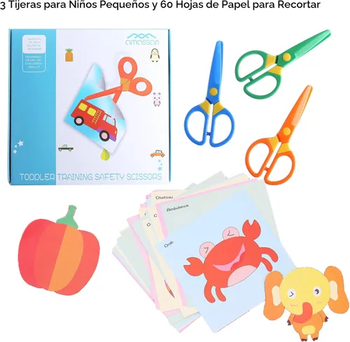 Vista 2 de Juego de 3 tijeras de seguridad para niños pequeños, tijeras de entrenamiento preescolar seguras para niños y 60 hojas de papel para manualidades