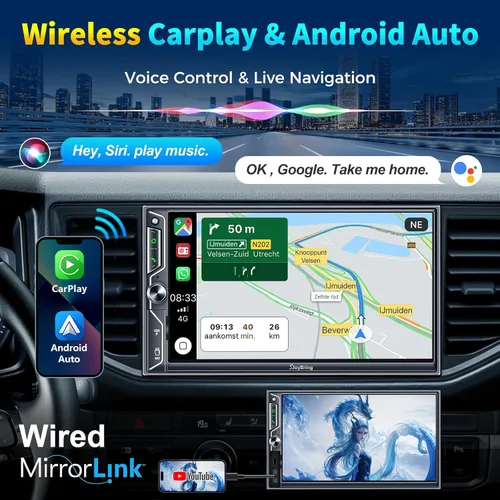 Vista 2 de SJoyBring Estéreo de auto de doble DIN de 7 pulgadas con CarPlay inalámbrico y Android Auto, Bluetooth, enlace de espejo para teléfono, pantalla