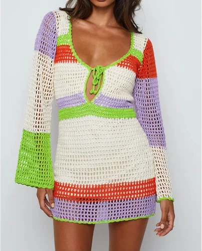 Vista 2 de Mini vestido de punto de ganchillo para mujer, manga larga, de malla colorida, casual, estilo suéter, para verano y playa