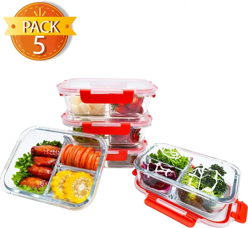 Vista 8 de BlueHills Recipientes de vidrio prémium para preparación de comidas con tapas rojas de cierre a presión, recipientes de alimentos de vidrio sin BPA
