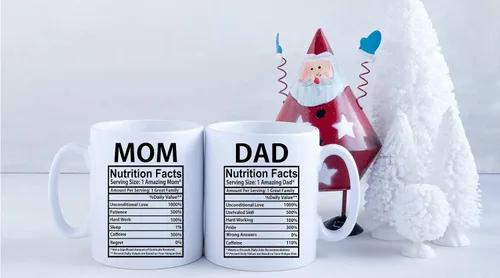 Vista 2 de AW Fashions Mom & Dad Nutritional Facts - Juego de tazas de café divertidas de cerámica blanca de 11 onzas para marido y esposa, él y ella, regalo