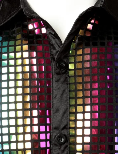 Vista 4 de JOGAL Camisa de discoteca de los años 70 para hombre, disfraz de fiesta de lentejuelas plateadas, camisa de manga larga con botones