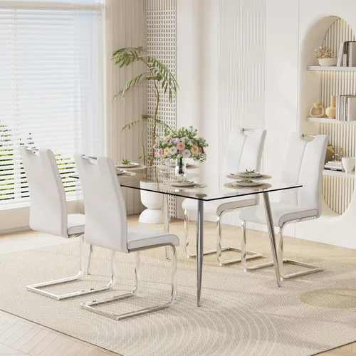 Vista 24 de Juego de mesa de comedor moderno de 51 pulgadas para 4 mesas rectangulares de cristal con 4 sillas tapizadas de cuero, asientos 4 ideales para Beige